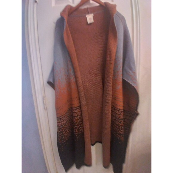 Matta Hooded Cardigan Sweater Knit Open Front Poncho Cape Gray Orange - Picture 3 of 5